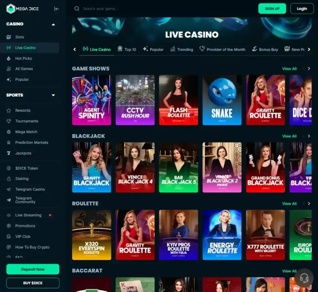 Mega Dice Casino desktop live casino lobby featuring live dealer games and real-time streaming interface - tested