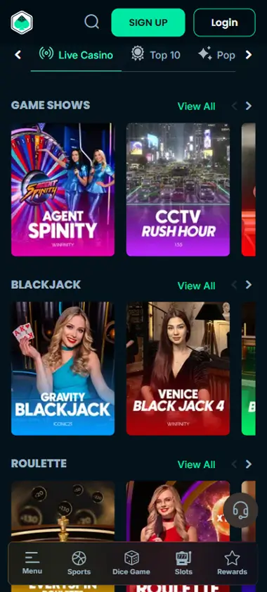 Mega Dice Casino mobile live casino interface showing live dealer tables including blackjack and roulette - captured during platform testing