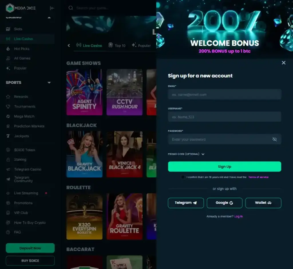 Mega Dice Casino signup bonus page displaying new player welcome bonus offer and promotional terms - captured during platform testing