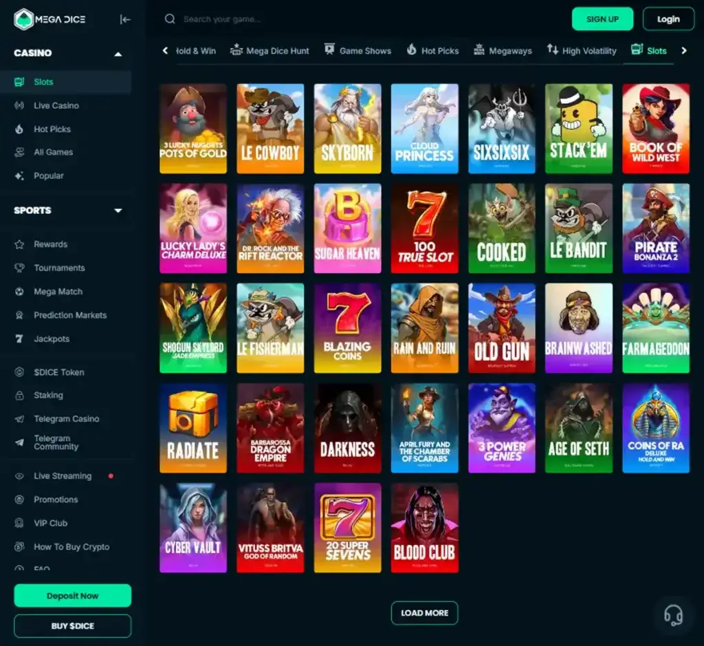 Mega Dice Casino desktop slots lobby presenting a variety of slot games with categories and providers - tested