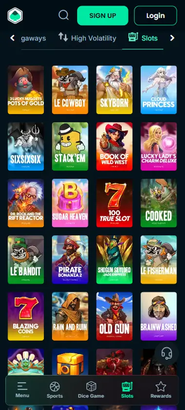 Mega Dice Casino mobile slots interface showing slot game selection with popular titles and filtering options - captured during platform testing