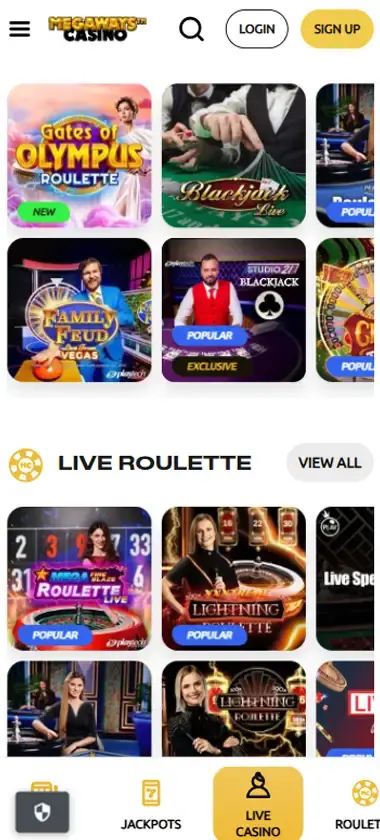 Megaways Casino mobile live casino interface screenshot showing live dealer tables including blackjack and roulette - tested Megaways Casino mobile live casino interface screenshot showing live dealer tables including blackjack and roulette - tested