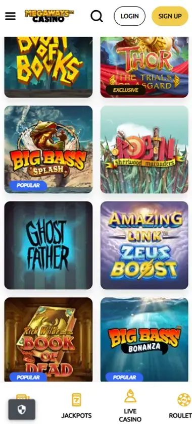 Megaways Casino mobile slots interface screenshot showing slot game selection with popular titles and filtering options - captured during platform testing Megaways Casino mobile slots interface screenshot showing slot game selection with popular titles and filtering options - captured during platform testing