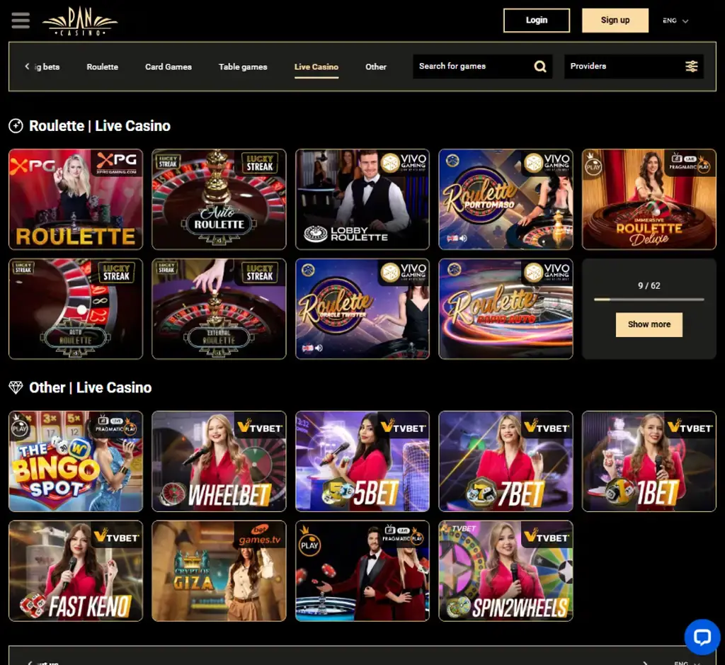 Pan Casino desktop live casino lobby screenshot featuring live dealer games and real-time streaming interface - review testing