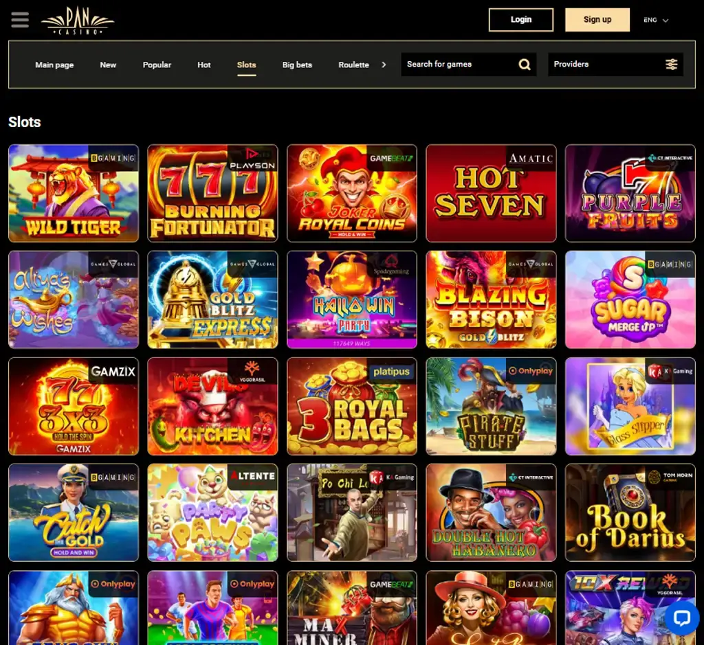 Pan Casino desktop slots lobby screenshot presenting variety of slot games with categories and providers - verified