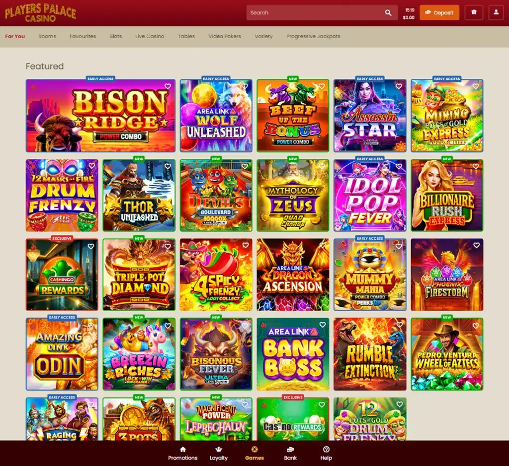 Players Palace Casino desktop homepage screenshot displaying main casino lobby with featured games, promotions and navigation menu - tested