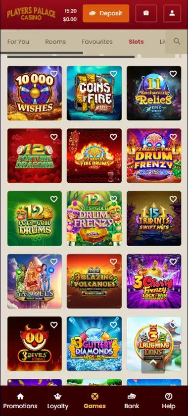 Players Palace Casino mobile slots interface screenshot showing slot game selection with popular titles and filtering options - captured during platform testing Players Palace Casino mobile slots interface screenshot showing slot game selection with popular titles and filtering options - captured during platform testing