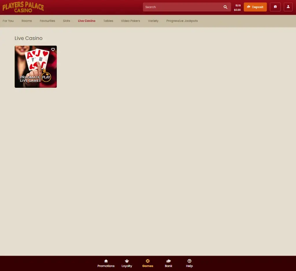 Players Palace Casino desktop live casino lobby screenshot featuring live dealer games and real-time streaming interface - review testing