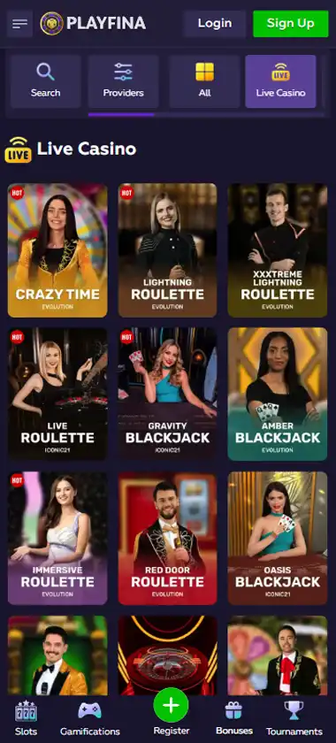 Playfina Casino mobile live casino interface screenshot showing live dealer tables including blackjack and roulette - tested