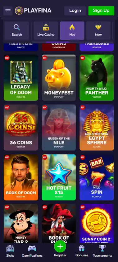 Playfina Casino mobile slots interface screenshot showing slot game selection with popular titles and filtering options - captured during platform testing