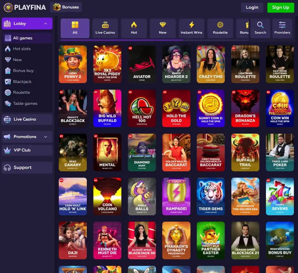 Playfina Casino desktop slots lobby screenshot presenting variety of slot games with categories and providers - verified