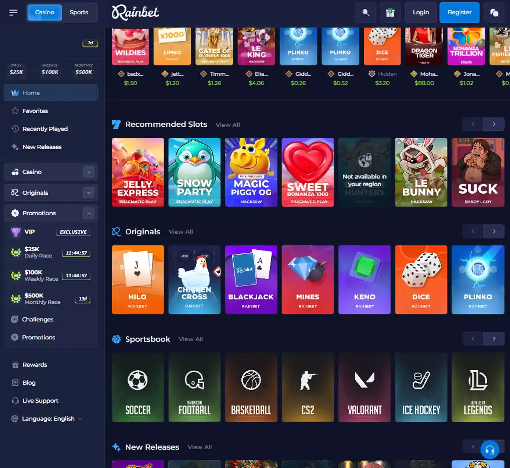 Rainbet Casino desktop homepage screenshot displaying main casino lobby with featured games, promotions and navigation menu - tested