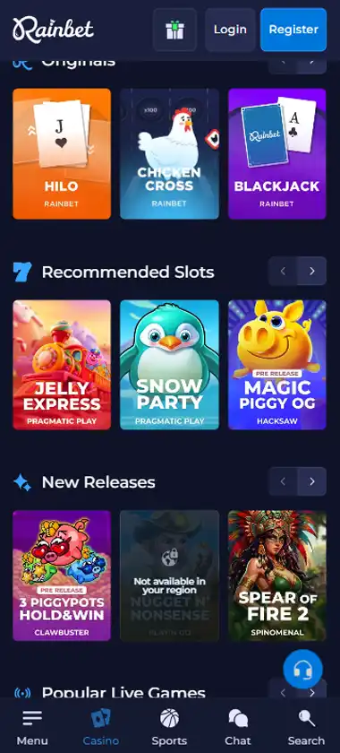 Rainbet Casino mobile homepage screenshot showing main casino lobby with featured games and promotions - captured during platform testing