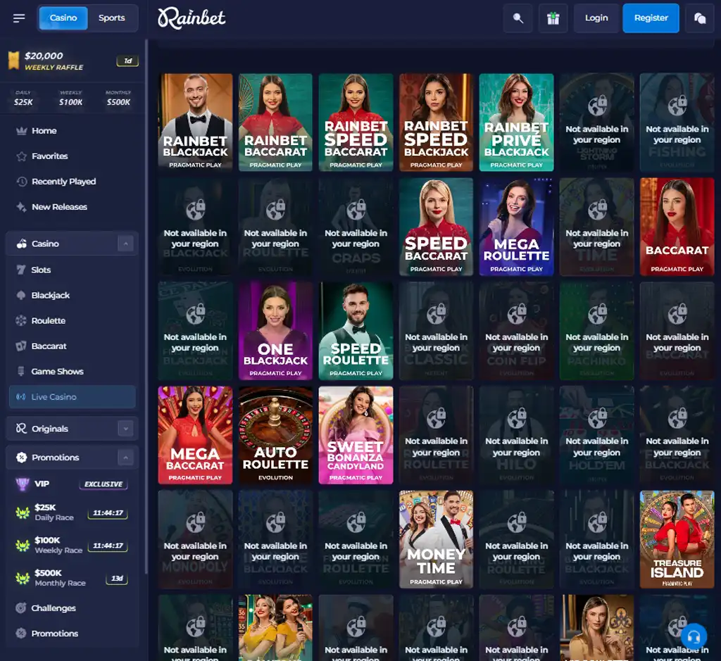 Rainbet Casino desktop live casino lobby screenshot featuring live dealer games and real-time streaming interface - review testing