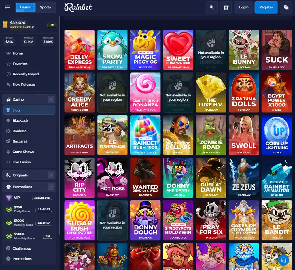 Rainbet Casino desktop slots lobby screenshot presenting variety of slot games with categories and providers - verified