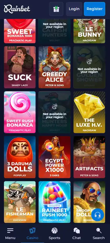 Rainbet Casino mobile slots interface screenshot showing slot game selection with popular titles and filtering options - captured during platform testing