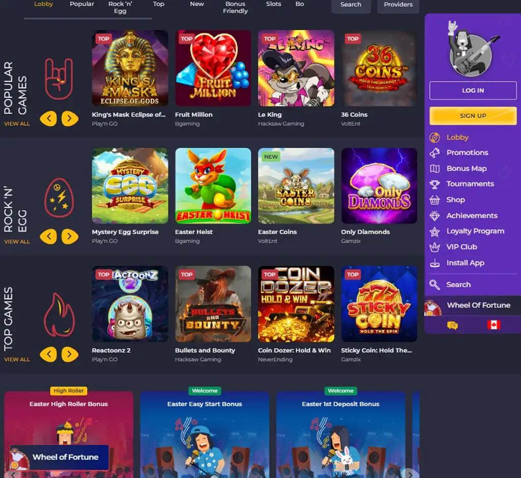Rolling Slots Casino desktop homepage screenshot displaying main casino lobby with featured games, promotions and navigation menu - tested