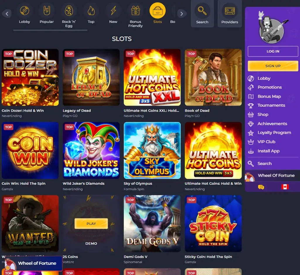 Rolling Slots Casino desktop slots lobby screenshot presenting variety of slot games with categories and providers - verified