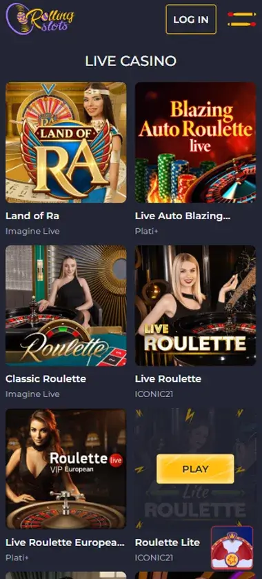 Rolling Slots Casino mobile live casino interface screenshot showing live dealer tables including blackjack and roulette - tested