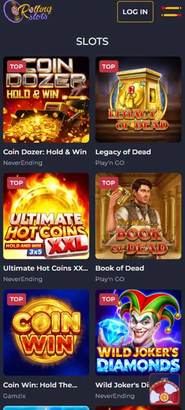Rolling Slots Casino mobile slots interface screenshot showing slot game selection with popular titles and filtering options - captured during platform testing