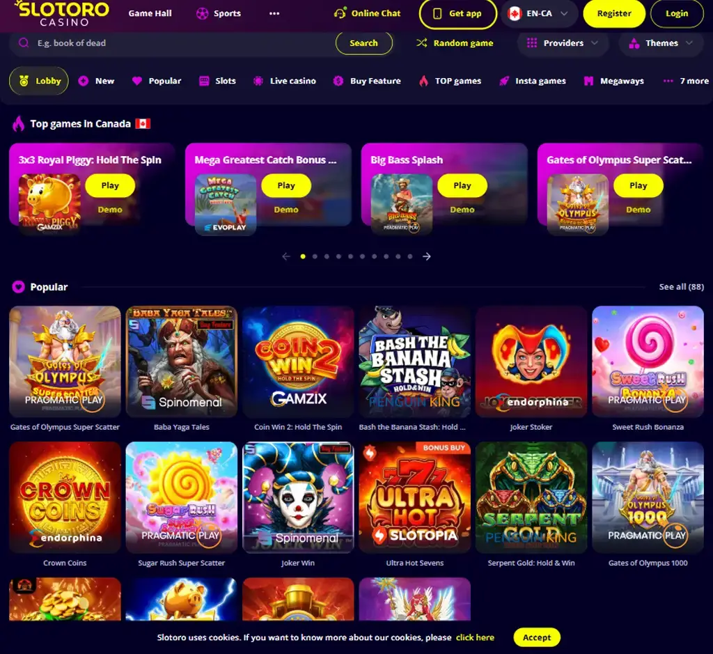 Slotoro Casino desktop homepage screenshot displaying main casino lobby with featured games, promotions and navigation menu - tested Slotoro Casino desktop homepage screenshot displaying main casino lobby with featured games, promotions and navigation menu - tested