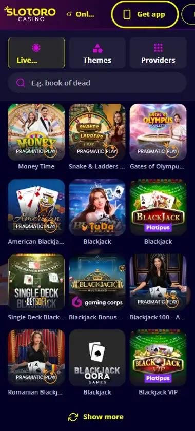 Slotoro Casino mobile live casino interface showing live dealer tables including blackjack and roulette - captured during platform testing Slotoro Casino mobile live casino interface showing live dealer tables including blackjack and roulette - captured during platform testing