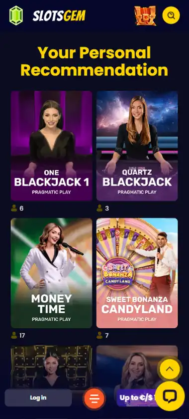 SlotsGem Casino mobile live casino interface showing live dealer tables including blackjack and roulette - captured during platform testing