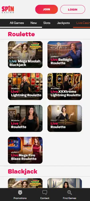Spin Casino mobile live casino interface screenshot showing live dealer tables including blackjack and roulette - Tested