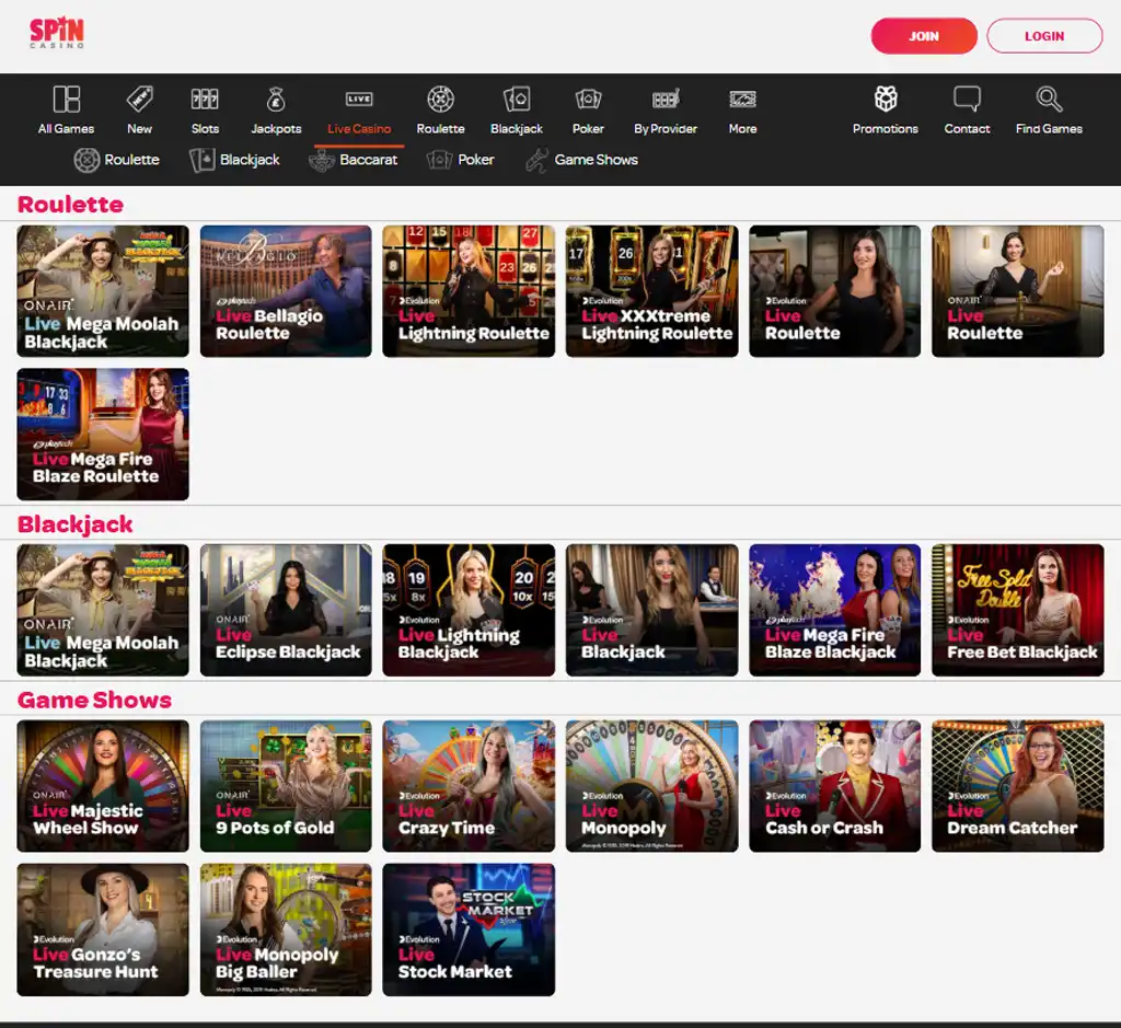 Spin Casino desktop live casino lobby screenshot featuring live dealer games and real-time streaming interface - Tested