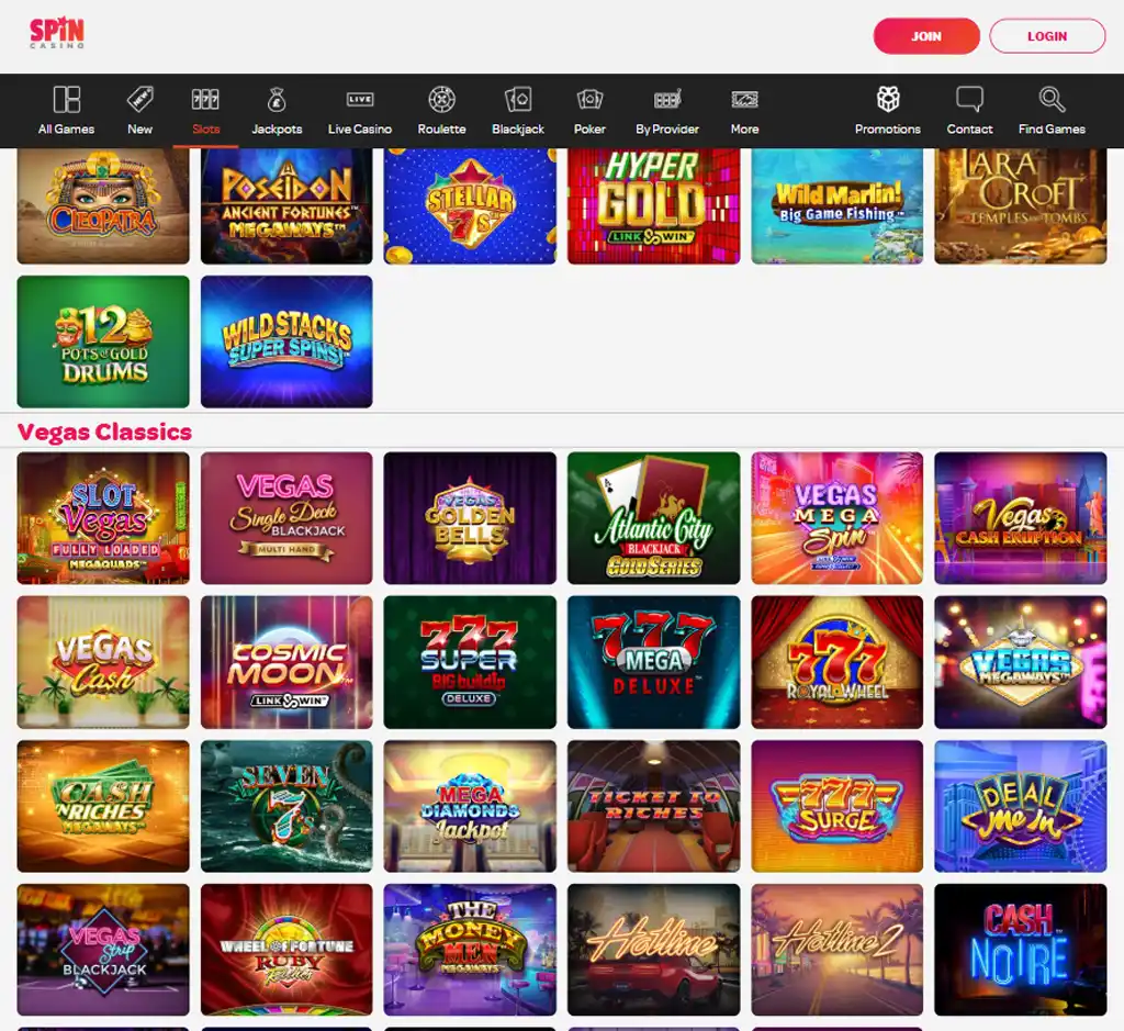 Spin Casino desktop slots lobby screenshot presenting variety of slot games with categories and providers - Tested