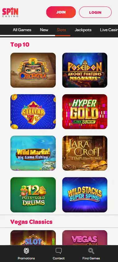 Spin Casino mobile slots interface screenshot showing slot game selection with popular titles and filtering options - Tested
