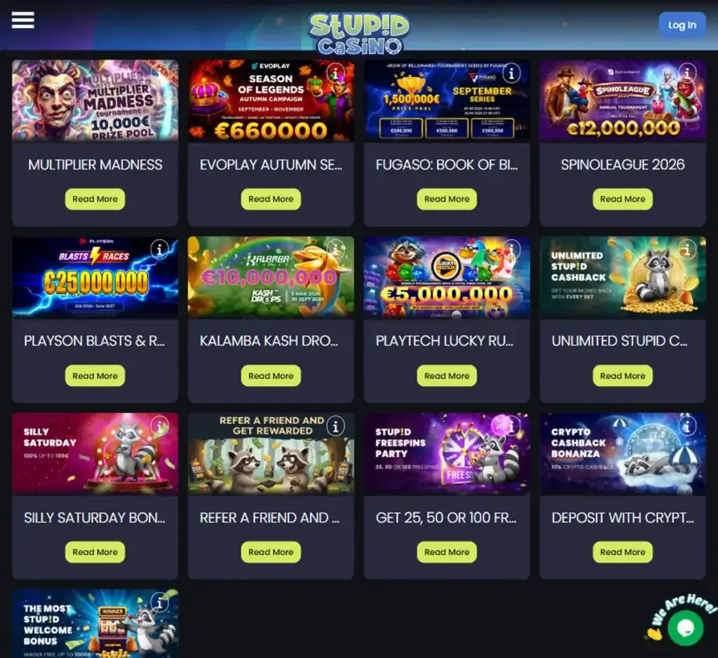 Stupid Casino desktop promotions page displaying current casino bonuses, promotional offers and available player rewards - tested Stupid Casino desktop promotions page displaying current casino bonuses, promotional offers and available player rewards - tested