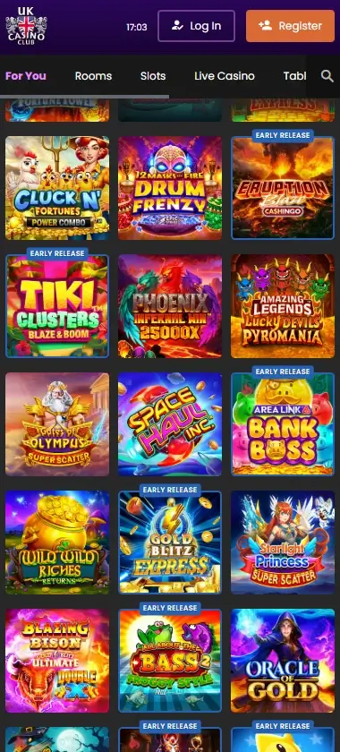 UK Casino Club mobile homepage screenshot showing main casino lobby with featured games and promotions - captured during platform testing UK Casino Club mobile homepage screenshot showing main casino lobby with featured games and promotions - captured during platform testing