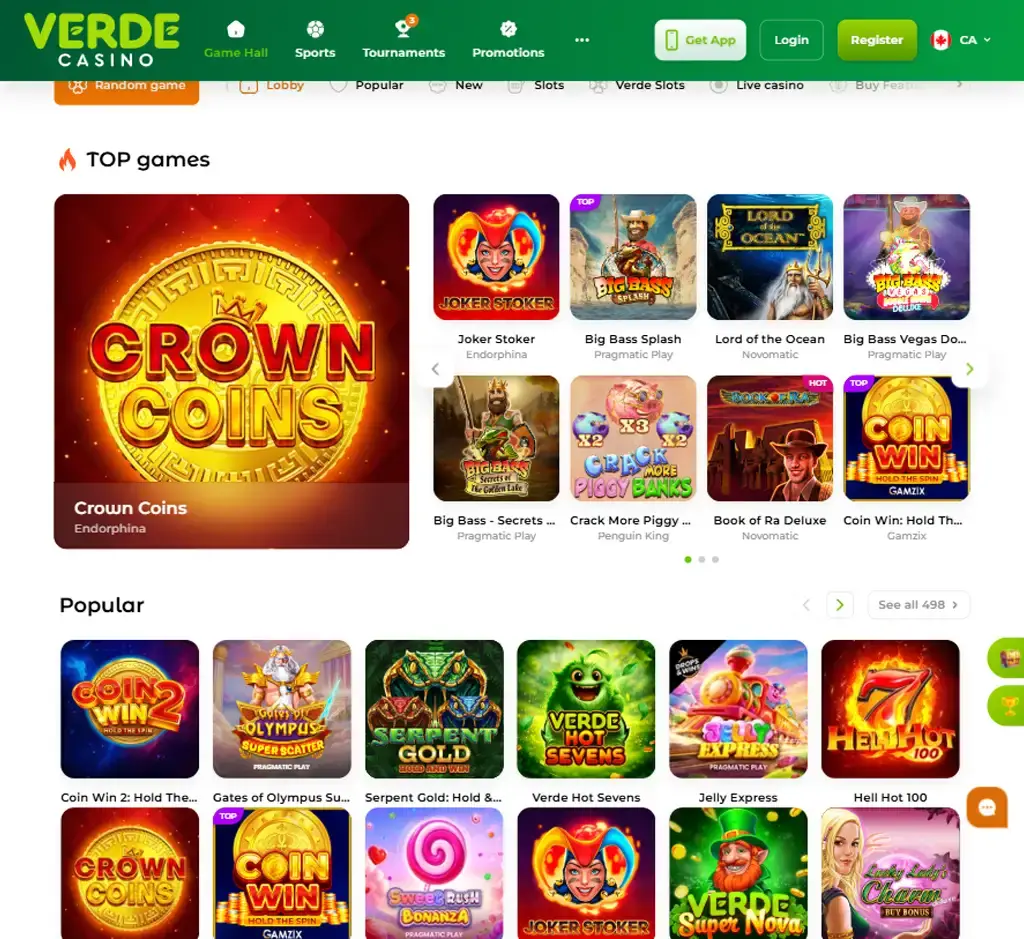 Verde Casino desktop homepage screenshot displaying main casino lobby with featured games, promotions and navigation menu - tested