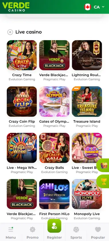 Verde Casino mobile live casino interface showing live dealer tables including blackjack and roulette - captured during platform testing