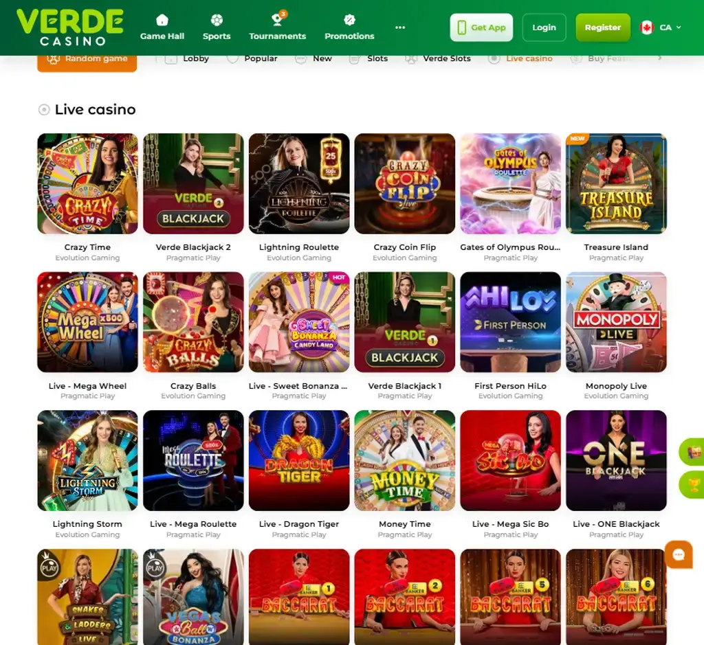 Verde Casino desktop live casino lobby featuring live dealer games and real-time streaming interface - tested
