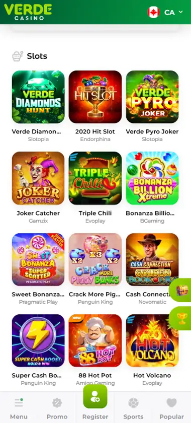 Verde Casino mobile slots interface showing slot game selection with popular titles and filtering options - captured during platform testing