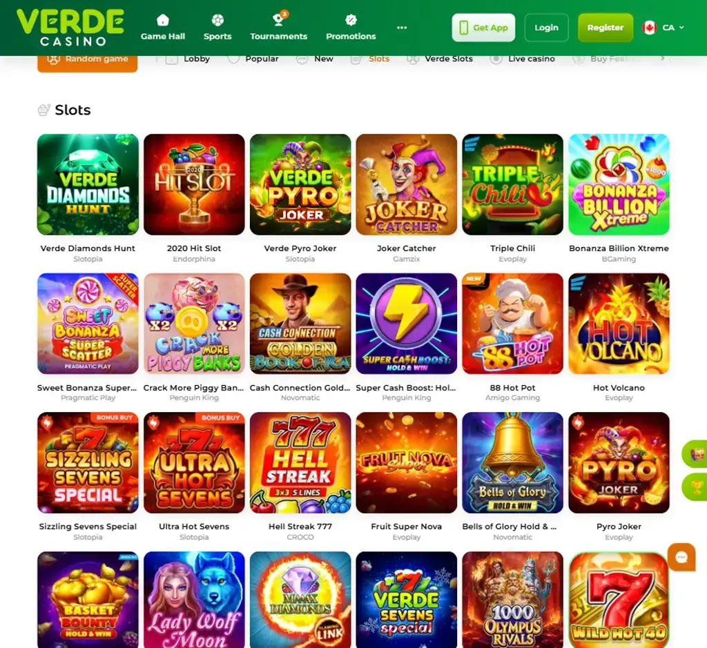 Verde Casino desktop slots lobby presenting a variety of slot games with categories and providers - tested